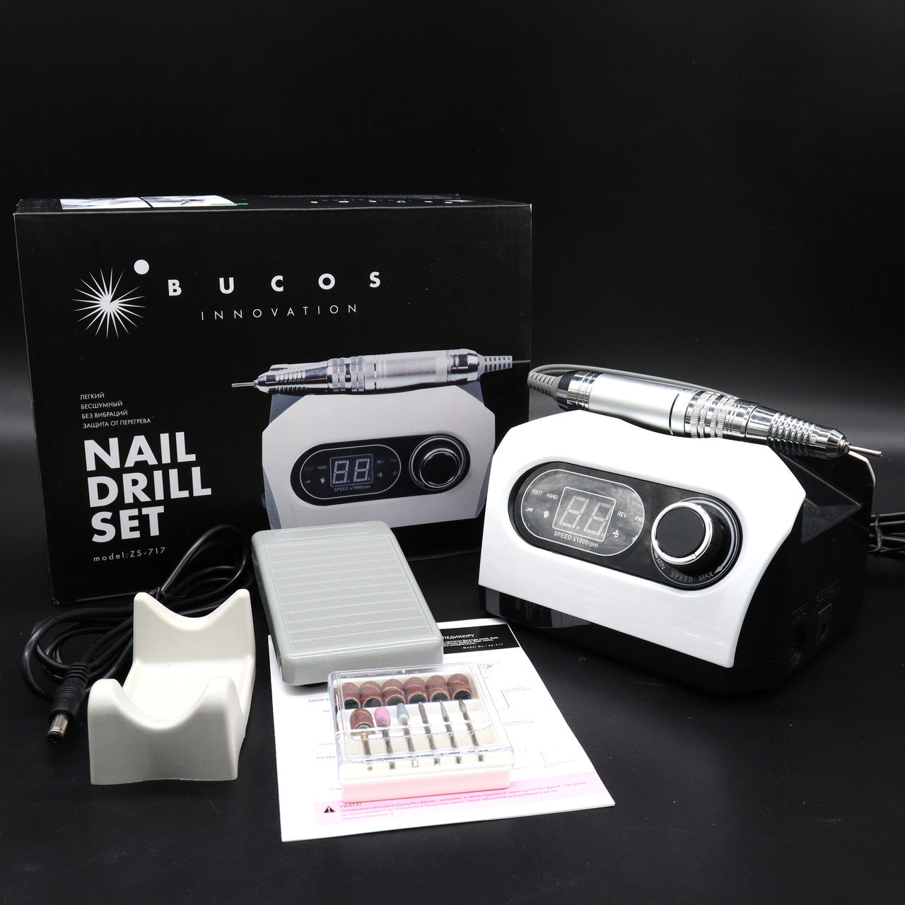Фрезер Bucos Nail Drill ZS-717 Pro White (35000/65W) укр. інструкція + 6 фрез