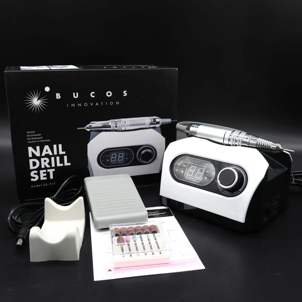 Фрезер Bucos Nail Drill ZS-717 Pro White (35000/65W) укр. інструкція + 6 фрез