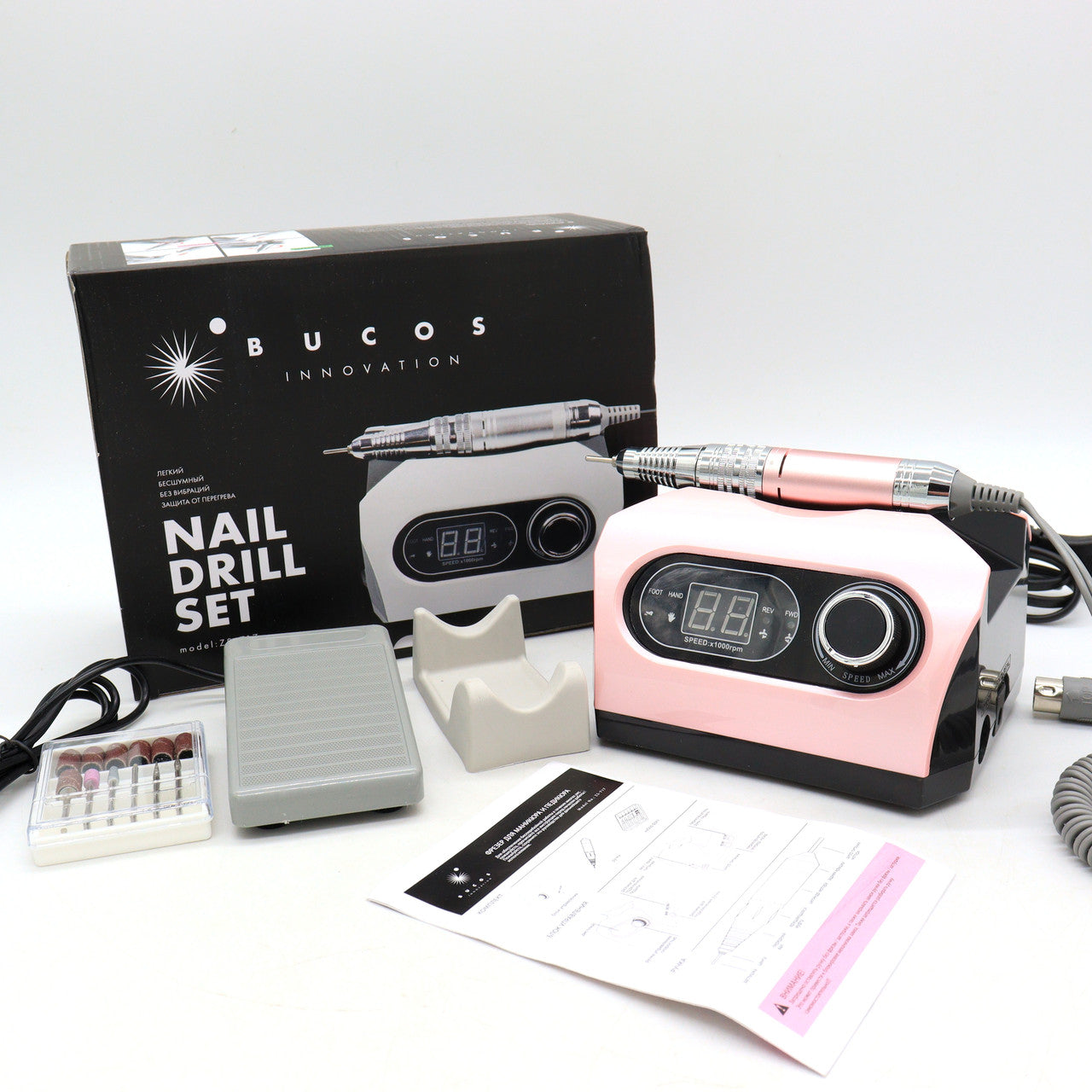 Фрезер Bucos Nail Drill ZS-717 Pro Pink (35000/65W) укр. інструкція + 6 фрез