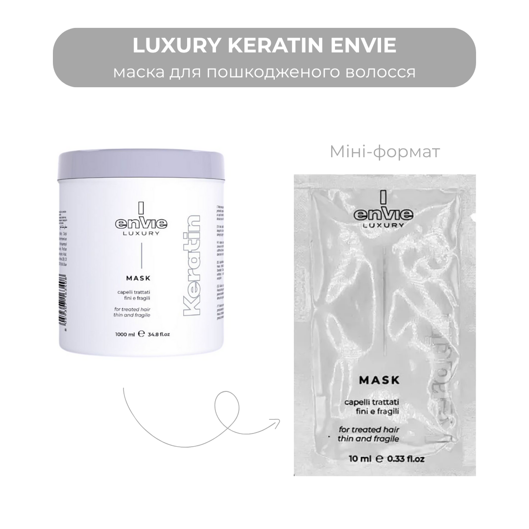 ПРОБНИК Шампунь+Маска капілярний для пошкодженого волосся з кератином LUXURY KERATIN ENVIE 10+10 мл
