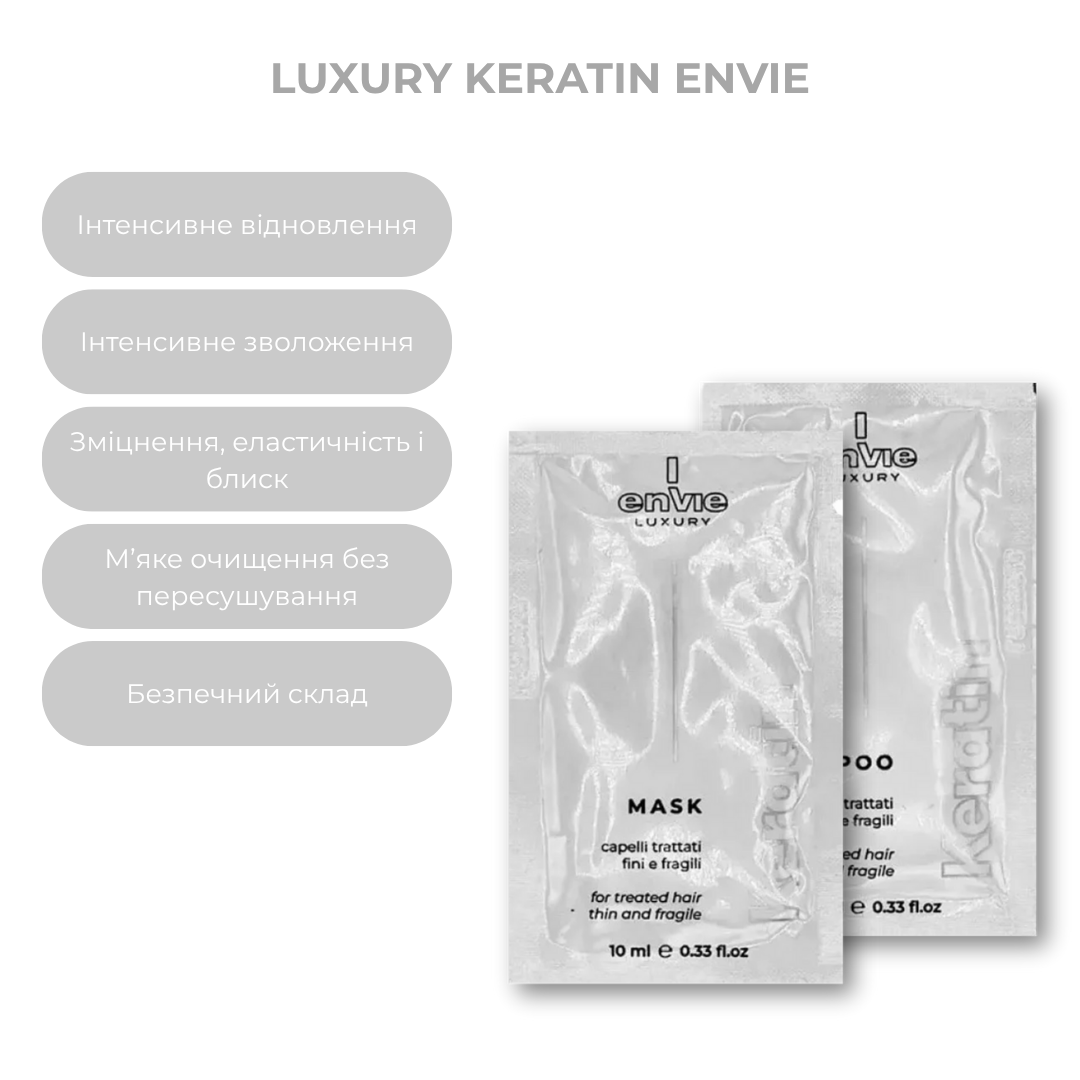 ПРОБНИК Шампунь+Маска капілярний для пошкодженого волосся з кератином LUXURY KERATIN ENVIE 10+10 мл