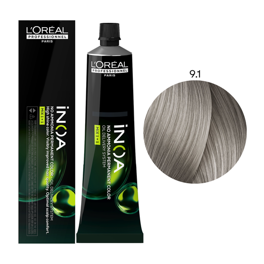 Крем-фарба для волосся без аміаку Inoa Mix 1+1 L'Oreal Professionnel №9.1 Дуже світлий попелястий блонд 60 мл